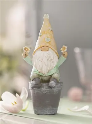 Produktbild von Dekofigur Wichtel "Blümchen" aus Polyresin, gelb / grün, Frühlingsdeko, Gartenzwerg, Gartendeko für Draußen