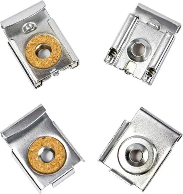Four silver mirror clips with brown cork inserts are arranged on a white background.