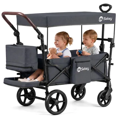 Produktbild von Sekey Bollerwagen Faltbar mit Dach Kinder Bollerwagen mit XXL-Rädern (24/20 cm), mit Zieh-/Schiebegriff, mit schwarz-weißer Paspelierung, Schwarz