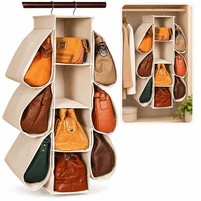 Produktbild von Handtaschen Aufbewahrung, hängender Taschen Organizer, 4 Ebenen, platzsparend im Kleiderschrank, Vliesstoff, 103 x 35 x 20 cm