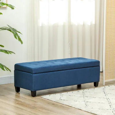 Zdjęcie produktu dla Ławka z miejscem do przechowywania, puf, ławka do przedpokoju z obiciem, kolor niebieski | 125 x 49 x 41,5 cm | maksymalne obciążenie 120 kg | nogi wykonane z drewna eukaliptusowego