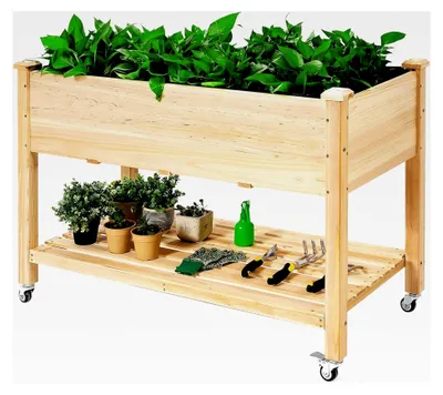 Produktbild von Hochbeet aus Holz mit Rollen und Ablage, Blumenkasten für Garten, Balkon und Terrasse, Pflanzbeet mit Abflusslöchern und Innenvlies, 120 x 59 x 84 cm