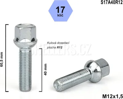 Obrázek produktu pro Kolový šroub M12x1,5x40 kulový R12, klíč 17, S17A40R12 výška 60,5 mm