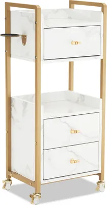 Produktbild von M MCombo Servierwagen mit Rollen & 3 Schubladen, Friseurwagen Rollwagen Weiß-Gold, Salon Trolley mit 2 Ablagen & Föhnhalter, Moderner Arbeitswagen für Bad Wohnzimmer, 30x40x95cm, 0022