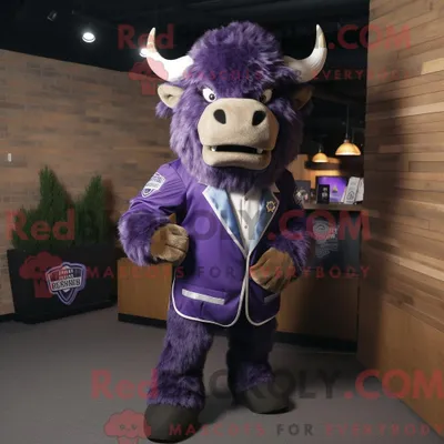 Productafbeelding van Mascottekarakter REDBROKOLY van een paarse buffel gekleed met een jasje en stropdassen