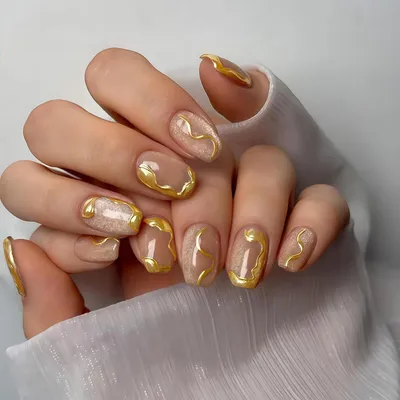 Zdjęcie produktu dla Sztuczne paznokcie, krótkie, okrągłe, w odcieniach nude, efekt "cat eye", złote linie, 24 sztuki