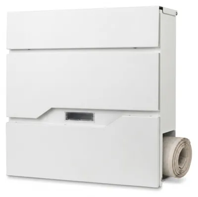 Productafbeelding van Relaxdays brievenbussen met vak voor kranten, afmetingen (hoogte x breedte x diepte): 38 x 37 x 11,5 cm, 4 sleutels, wandbrievenbus, postkasten, wit, AI-gegenereerde afbeelding