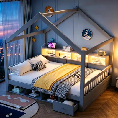 Productafbeelding van Houten bed, 140 x 200 cm, laag bed met dakframe en veiligheidshek, opbergvakken, lades, LED-verlichting en stopcontact, lattenbodem, grijs