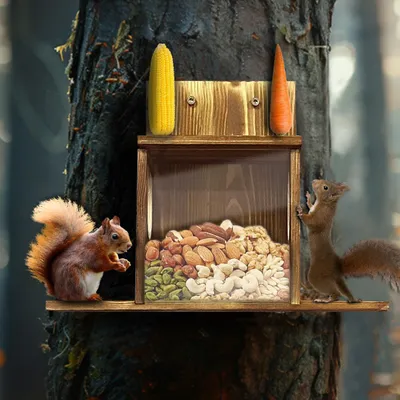 Produktbild von FATIVO Eichhörnchen Futterhaus mit Acrylfenster: Robuste Holz-Futterstation für Garten, Balkon & Außenbereich, Typ -2