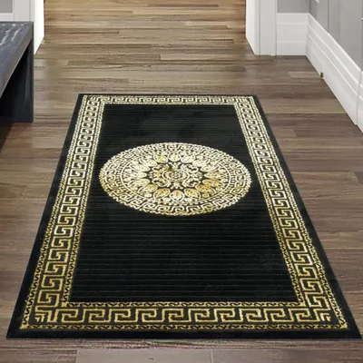 Obrázek produktu pro Koberec moderní designový koberec se vzorem meandrů v černé zlaté barvě velikost - 80 x 150 cm