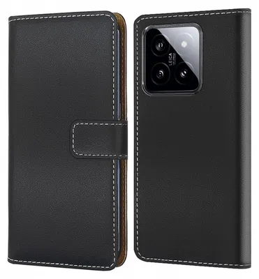 A black flip-style phone case shown open, displaying the interior and the exterior with the phone camera module.