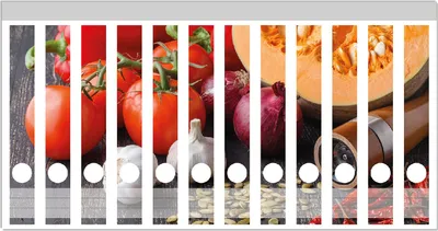 Produktbild von Wallario Ordnerrücken Sticker, selbstklebend für schmale Ordner, 12 Stück, Motiv Kürbissuppe - Zutaten mit Tomaten, Knoblauch, Zwiebeln und Pfeffer