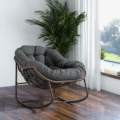 Produktbild von Schaukelstuhl mit dicken Kissen Patio überdimensioniert Wicker Ei Relaxsessel Schaukelsessel Freizeitstuhl für Balkon Veranda Garten