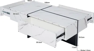 A white marble-patterned coffee table with drawers, shown from a slightly elevated side angle with dimensions indicated by measurement lines and text.