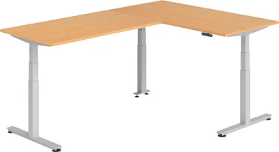 Produktbild von bümö Eckschreibtisch elektrisch höhenverstellbar L-Form - Gestell: Silber, Nachbildung: Buche, Größe: Eckschreibtisch 160 x 240 cm