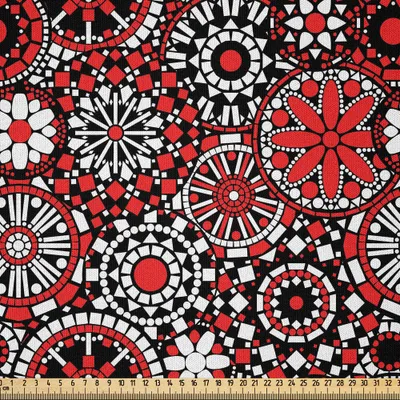 Produktbild von ABAKUHAUS Red Mandala Microfaser Stoff als Meterware , Geometrische Formen, die Blumen bilden, formatiert Mosaik-Art-ethnisches Design, 10 M (230 x 1000 cm), Schwarz Weiß Orange