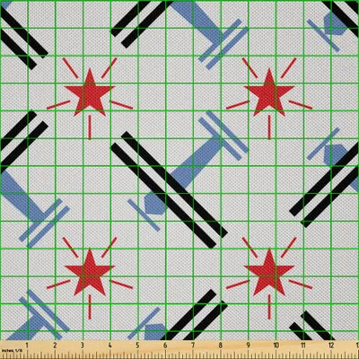 Produktbild von ABAKUHAUS Weinlese-Flugzeug Satin Stoff als Meterware, Geometrisches Flugzeug-Konzept mit Streifen-Stern kopiertem Hintergrund, 3 M (148 x 300 cm), Blassblau Rot Grau