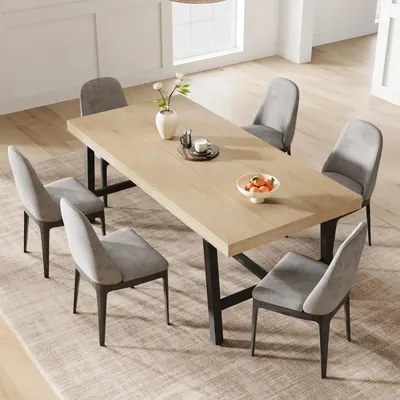 Image de Table de salle à manger, table de cuisine - Table rectangulaire de 180 cm - Pour 6 à 8 personnes - Design industriel moderne - Longueur fixe - Structure en bois - Bois naturel