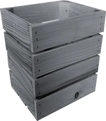 A stack of four wooden crates, painted gray, shown from a slightly elevated side angle.