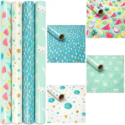 Produktbild von Geschenkpapier Set 4 Rollen – je 200 x 70 cm – und fröhliche Designs – Extra starkes