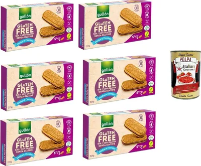 Produktbild von Gullon Sandwich Chocolate, Kekse mit Hafer- und Schokoladencremefüllung, gluten frei, gluten free Vegan, 6x 220g + Italian Gourmet polpa 400g