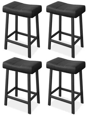 Productafbeelding van Set van 4 stuks - Barstoelen 61 cm. Barstoelen met beklede, zadelvormige zitting – Barkrukken voor de keuken (zwart frame / zwarte zitting)