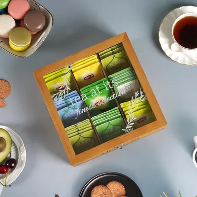 Produktbild von Holzkiste für Tee mit 9 Fächern - Geeignet für Teebeutel und Kaffeekapseln - Mit Glasfenster