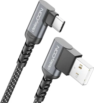 Produktbild von deleyCON 1,5m USB C Kabel 2x Winkel 90 Grad USB-A auf USB-C Ladekabel Datenkabel Gewinkelt für iPhone 17 16 15 Pro Max Air Galaxy A16 A56 S25 S24 S23 Pixel AirPods Notebook PS5