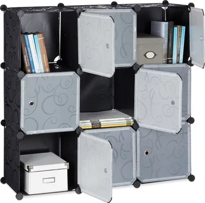 Produktbild von Relaxdays Regalsystem mit Türen, Raumteiler Kunststoff, Standregal 9 Fächer, Badregal, HBT: ca. 95 x 95 x 32 cm, schwarz