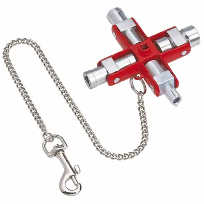 A multi-tool with a chain and clip on a white background.