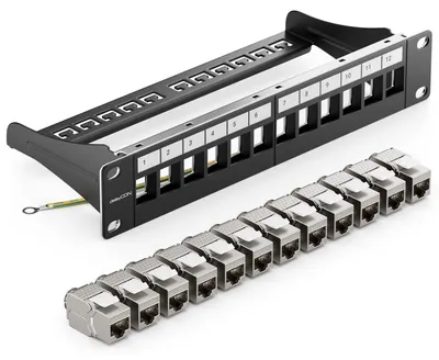 Immagine prodotto di deleyCON Set di pannelli patch da 12 porte, patch panel CAT6a, 1 unità di altezza, 10 pollici - Nero – Nero (RAL 9005 nero profondo)