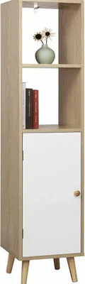 Immagine prodotto di Libreria Happyment - 4 livelli con anta - bianco/rovere - libreria per soggiorno, camera da letto e camera dei bambini - 33x30x133cm - MDF