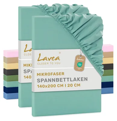 Zdjęcie produktu dla Lavea® Elastyczne prześcieradło 140x200 cm z mikrofibry, prześcieradło z gumką wszytą po obwodzie, do materacy o grubości do 20 cm, oddychające i chłodzące, łatwe w pielęgnacji, zestaw 2 sztuk, eukaliptus