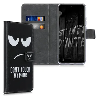 Produktbild von kwmobile Wallet Case kompatibel mit Xiaomi Redmi 9A / 9AT Hülle - Cover mit Ständer und Kartenfächern - Don't touch my Phone Weiß Schwarz