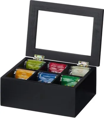 Produktbild von Famanu Teebox 6 Fächer Bambus 21,5x16 cm - Teebeutel & Kaffeepads - Teebox mit Deckel Schwarz