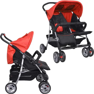 Immagine prodotto di vidaXL Passeggino gemellare in acciaio rosso e nero