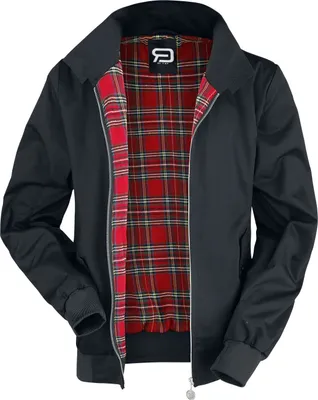 A black jacket with a red plaid lining is shown against a white background.