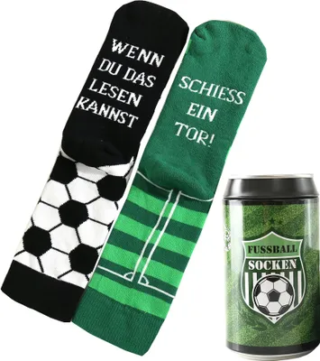 Produktbild von Fussball Socken in einer Geschenk-Dose, Geschenk für Männer zum Fussball Abend, Odd-Socks, WENN DU DAS LESEN KANNST, SCHIESS EIN TOR! (Fussball-Feld)