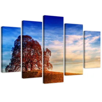 Produktbild von 5-teiliges leinwandbild baum auf einem hügel 200x100 cm Feeby blau wandbild bereit zum aufhängen