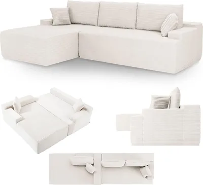 Produktbild von Juskys Sofa Coredo - Creme, moderne Couch aus Cord mit Kissen, Ottomane links
