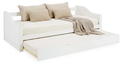 Produktbild von Homestyle4u Ausziehbett 90x200 Kinderbett Weiß Holzbett mit Lattenrost Tagesbett ausziehbar
