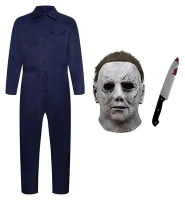 Produktbild von Cosplay-Kostüm mit Latexmaske und Plastikmessern