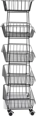 Obrázok produktu pre Klietka na potraviny s kolieskami – 5-poschodový kôš na ovocie a zeleninu – kovový úložný kôš s kolieskami – 10 kg na jednu úroveň – 41x29x112 cm – čierna