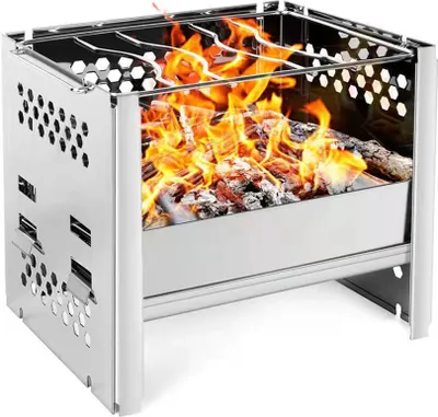 Produktbild von Grafner 2in1 Faltbarer Campingkocher, auch als Mini Grill nutzbar, rostfreier Edelstahl, geringe Rauchentwicklung, mit Tasche, Klapp Kocher Grill faltbar Mini Holz Ofen Kocher Survival Taschengrill, ohne Gaskartusche