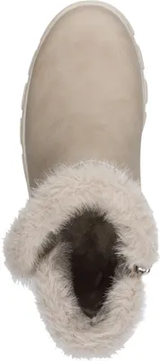 A top-down view of a beige boot with faux fur trim.