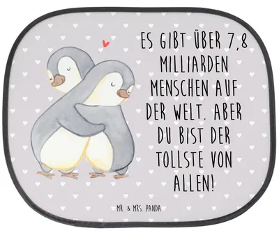 Produktbild von Mr. & Mrs. Panda Sonnenblende Auto Pinguine Kuscheln - Grau Pastell - Geschenk, Sonnenschutz Seitenscheibe, Liebesbeweis, Valentinstag, Hochzeitstag, Freundin, für Frauen