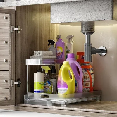 Zdjęcie produktu dla Organizer pod umywalkę, 2 poziomy, wysuwany, przezroczysty, biały
