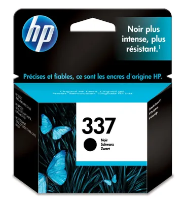 The image shows the packaging of an HP ink cartridge, featuring butterflies and grass.