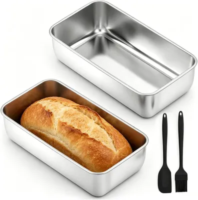 Produktbild von 2er-Set Kastenformen aus Edelstahl für Brot, Toast und Kuchen, rechteckige Backformen mit Silikonpinsel und Teigschaber