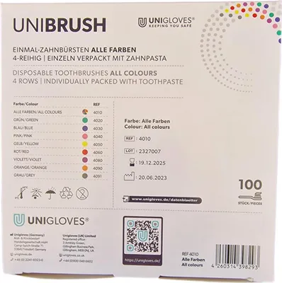 Produktbild von Unibrush Einmalzahnbürsten mit Zahnpasta bunt gemischt 100 Stück
